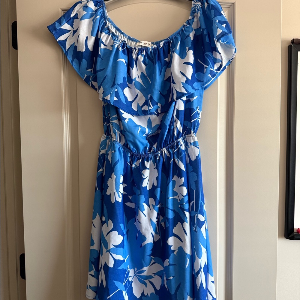 First Love Blue and White Floral Off-Shoulder Dress Medium